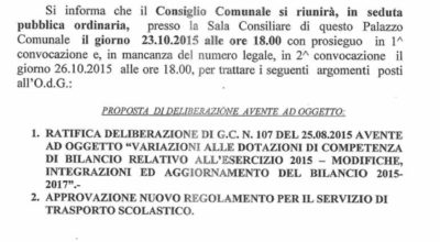 Seduta Ordinaria Consiglio Comunale – 23 Ottobre 2015