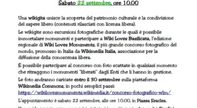 Wikigita fotografica a Policoro il 22 settembre, con partenza alle ore 10.00  da piazza Eraclea